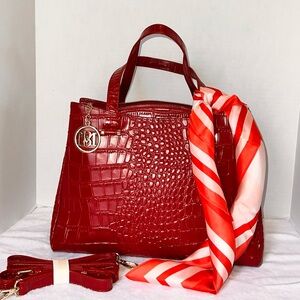 🌹Badgley Mischka Caroline Red Vegan Tote. Top zip closure. Croc design.